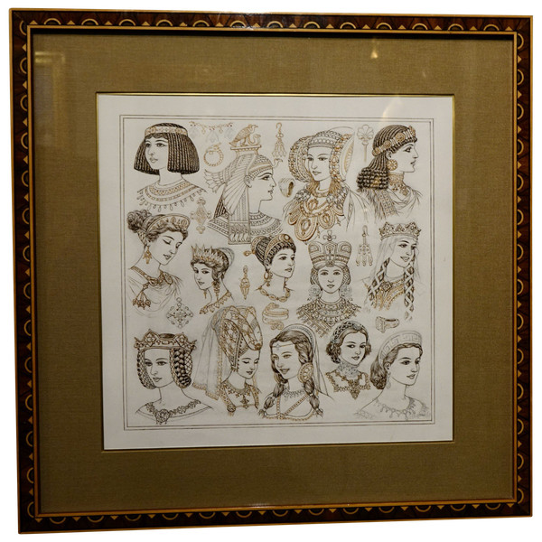 Portraits Of 14 Queens Or Empresses, Brown Ink And Sepia, Signed Herouard, Circa 1925.flag