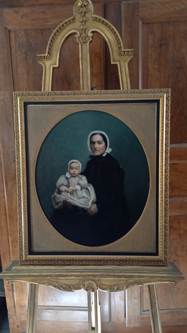 Öl auf Leinwand Porträt von Mutter und Kind XIX.