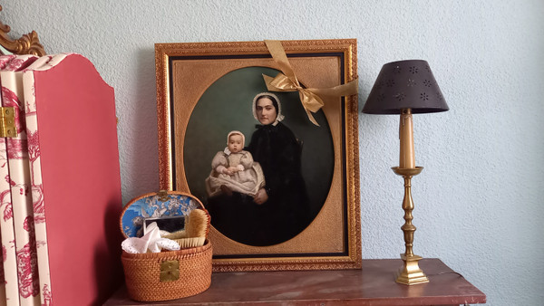 Öl auf Leinwand Porträt von Mutter und Kind XIX.