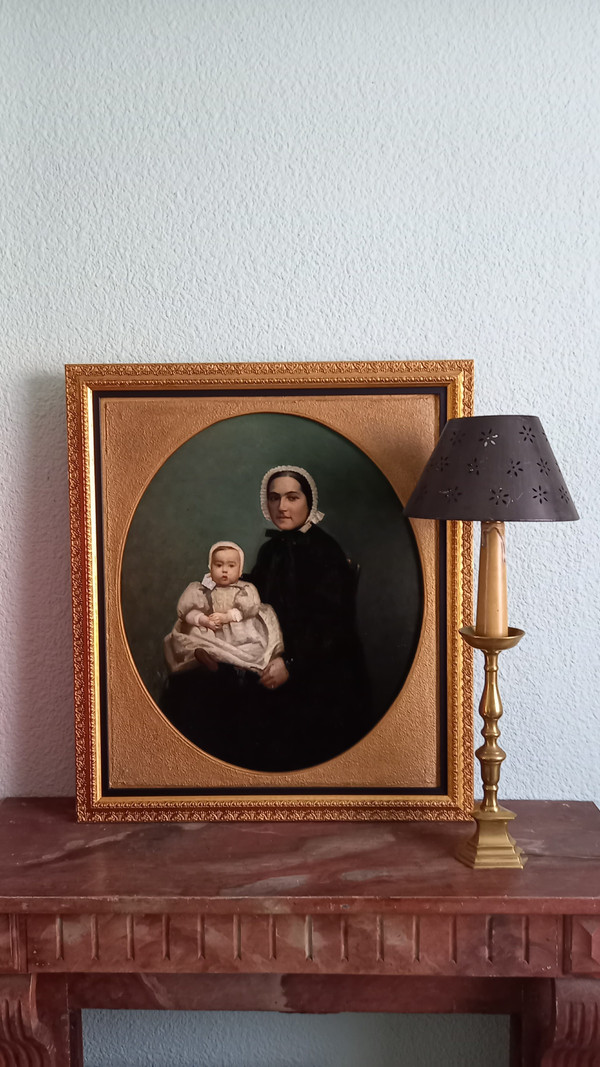 Öl auf Leinwand Porträt von Mutter und Kind XIX.