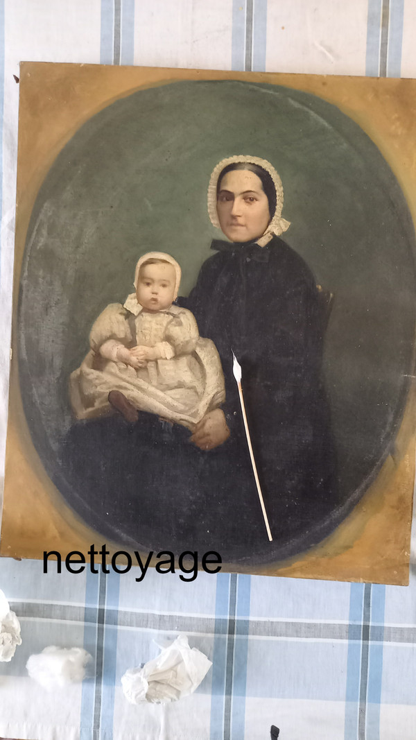 Öl auf Leinwand Porträt von Mutter und Kind XIX.