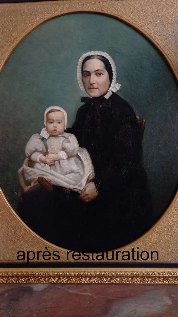 Öl auf Leinwand Porträt von Mutter und Kind XIX.