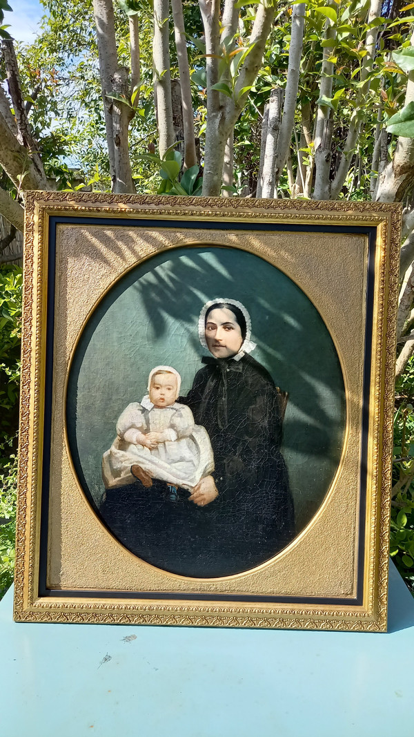 Öl auf Leinwand Porträt von Mutter und Kind XIX.