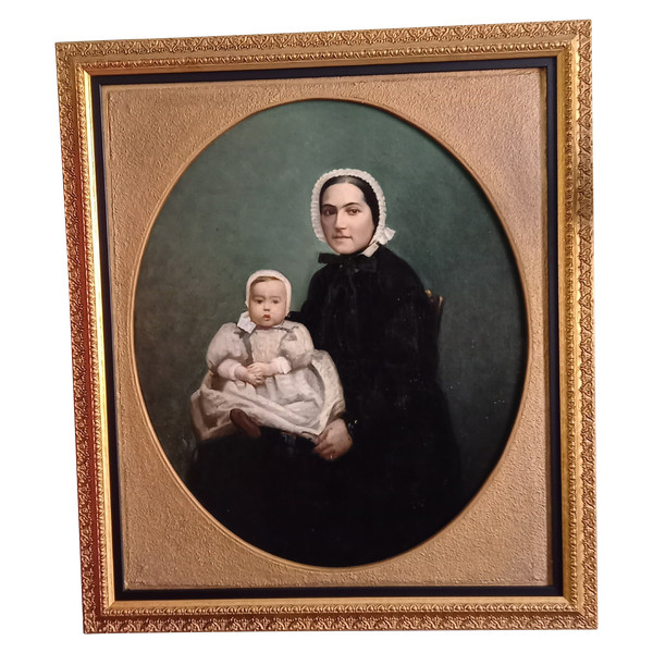 Öl auf Leinwand Porträt von Mutter und Kind XIX.