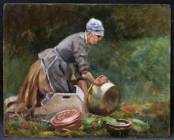 E. LIESSE, Bäuerin, die in der Sonne Kupfer schrubbt