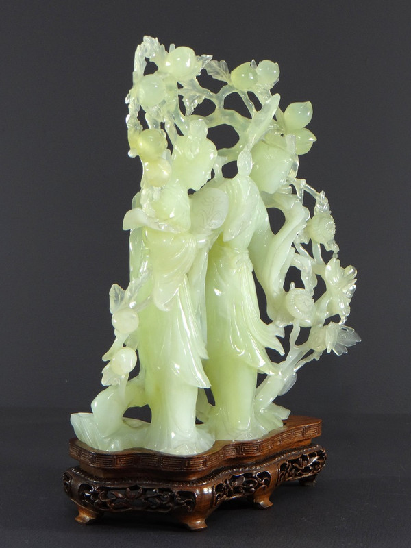 China, First Half 20th Century, Celadon Jade Sculpture of Two Court Ladies.