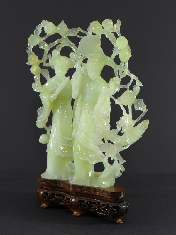 China, First Half 20th Century, Celadon Jade Sculpture of Two Court Ladies.