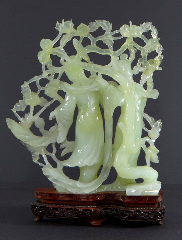 China, First Half 20th Century, Celadon Jade Sculpture of Two Court Ladies.