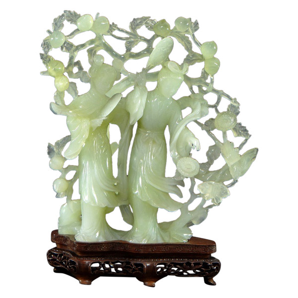 China, First Half 20th Century, Celadon Jade Sculpture of Two Court Ladies.