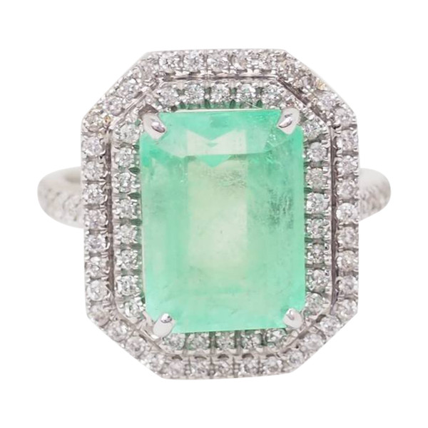 Anello a doppio cerchio in oro bianco, smeraldo colombiano certificato e diamanti