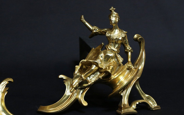 Pair of chiseled gilded bronze andirons