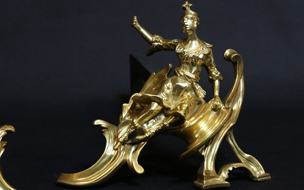 Pair of chiseled gilded bronze andirons