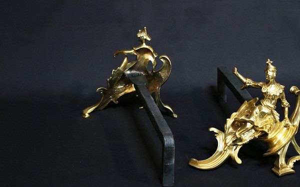 Pair of chiseled gilded bronze andirons