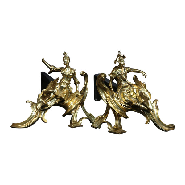 Pair of chiseled gilded bronze andirons
