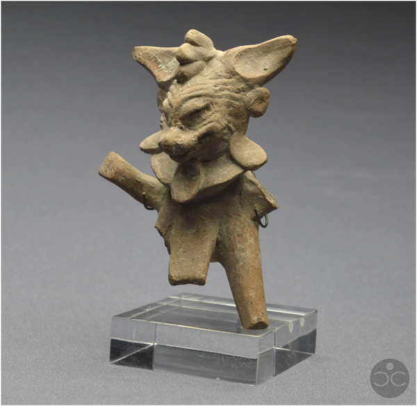 Messico, 450 - 750 d.C., cultura di Veracruz, fischietto rituale antropo-zoomorfo, terracotta