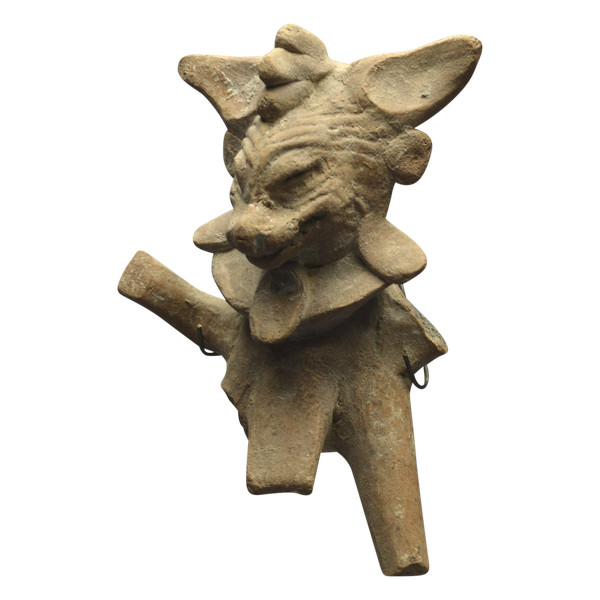 Messico, 450 - 750 d.C., cultura di Veracruz, fischietto rituale antropo-zoomorfo, terracotta