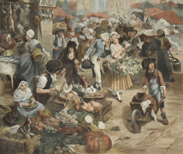Alphonse Lamotte color print after Emile Bayard "Un marché" ("A market")