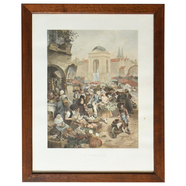 Alphonse Lamotte color print after Emile Bayard "Un marché" ("A market")