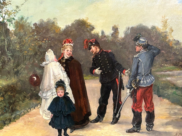 Albert Bligny (1849-1908) La Conversation Avec élégante Et Ses Enfants - Pannello in mogano