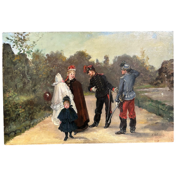 Albert Bligny (1849-1908) La Conversation Avec élégante Et Ses Enfants - Pannello in mogano