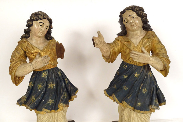 Paire statues orants anges bois sculpté polychrome retable XVIIIème siècle
