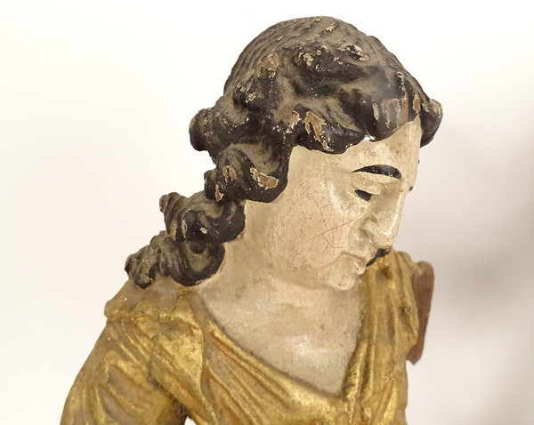 Paire statues orants anges bois sculpté polychrome retable XVIIIème siècle