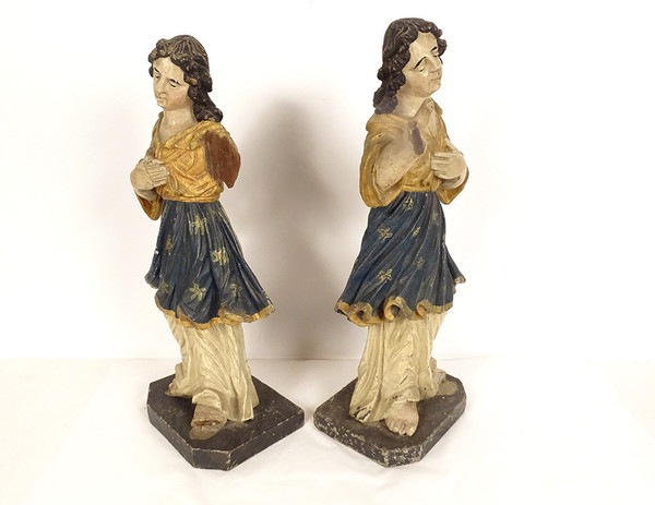 Paire statues orants anges bois sculpté polychrome retable XVIIIème siècle