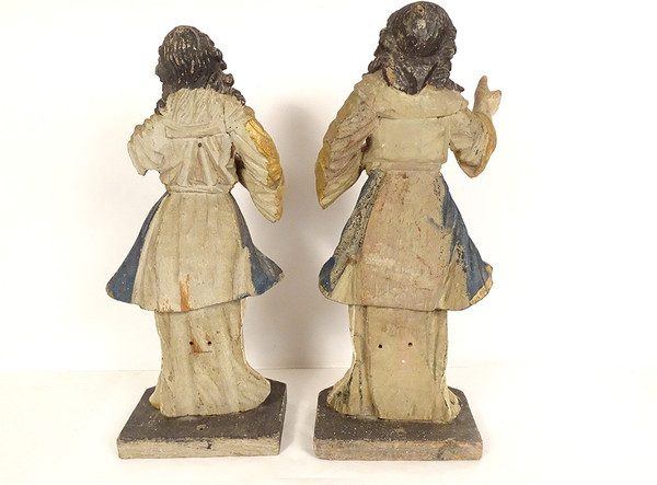 Paire statues orants anges bois sculpté polychrome retable XVIIIème siècle