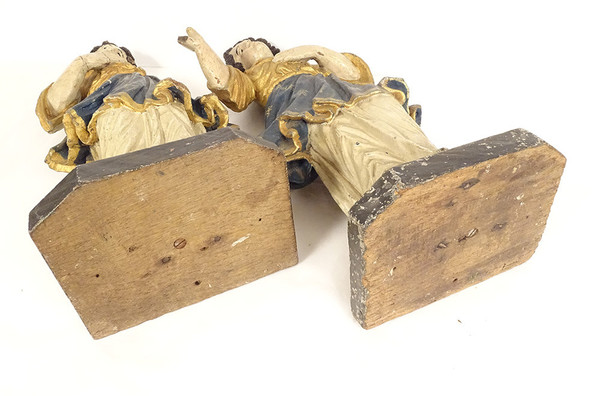 Paire statues orants anges bois sculpté polychrome retable XVIIIème siècle