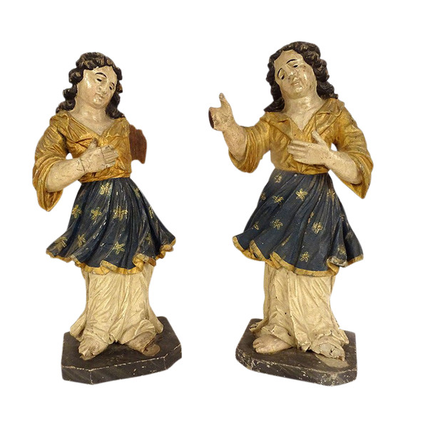 Paire statues orants anges bois sculpté polychrome retable XVIIIème siècle