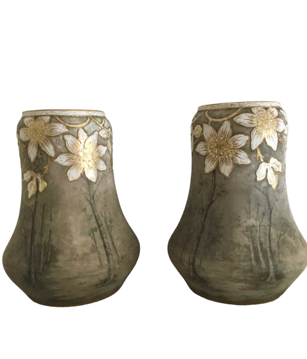 Coppia di vasi in ceramica, firmati Franz Anton Mehlen, Art Nouveau