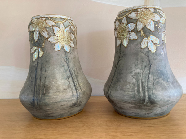 Coppia di vasi in ceramica, firmati Franz Anton Mehlen, Art Nouveau