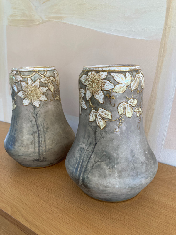 Coppia di vasi in ceramica, firmati Franz Anton Mehlen, Art Nouveau