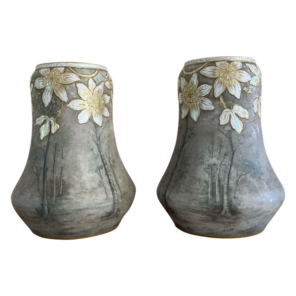 Coppia di vasi in ceramica, firmati Franz Anton Mehlen, Art Nouveau