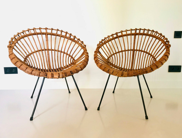Ein Paar Rattan-Schalensessel, die Franco Albini zugeschrieben werden, Italien 60er Jahre