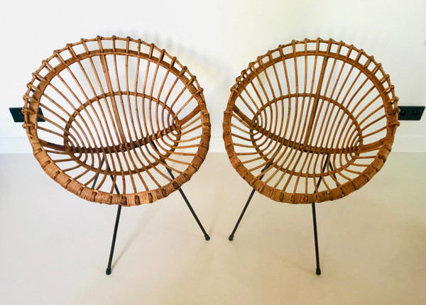 Ein Paar Rattan-Schalensessel, die Franco Albini zugeschrieben werden, Italien 60er Jahre
