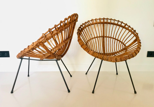 Ein Paar Rattan-Schalensessel, die Franco Albini zugeschrieben werden, Italien 60er Jahre