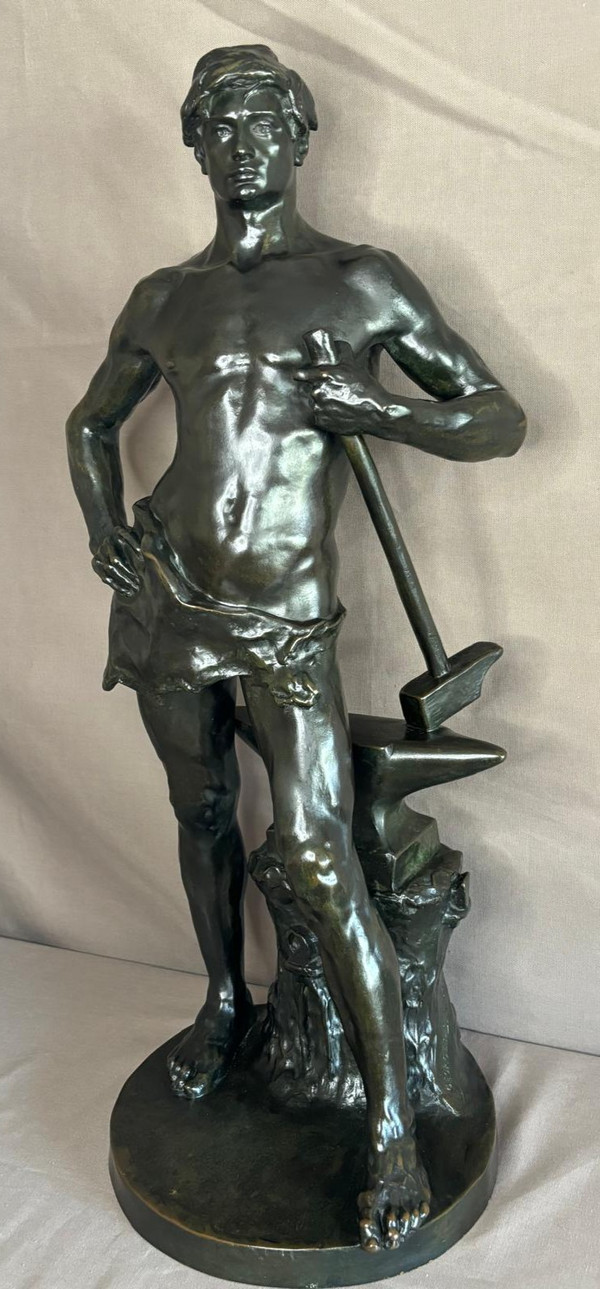 Statue en bronze jeune forgeron, Georges Bareau (1866-1931)  fondeur "F. BARBEDIENNE" Paris
