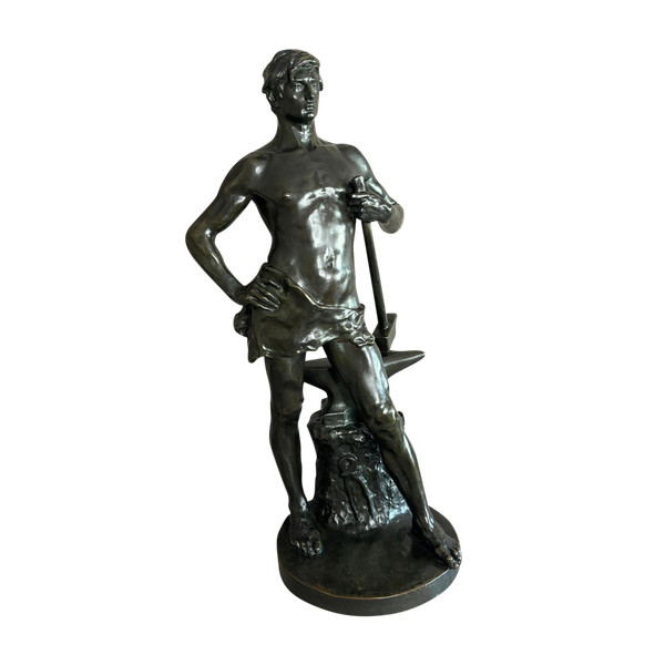 Statue en bronze jeune forgeron, Georges Bareau (1866-1931)  fondeur "F. BARBEDIENNE" Paris
