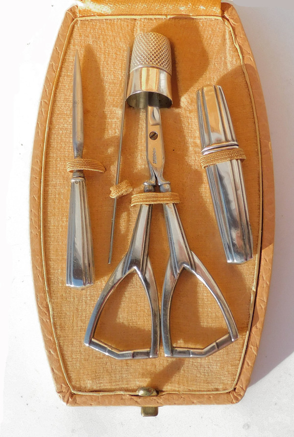 Art Deco Silver Sewing Set Early 20th Century Scissors Needle Case