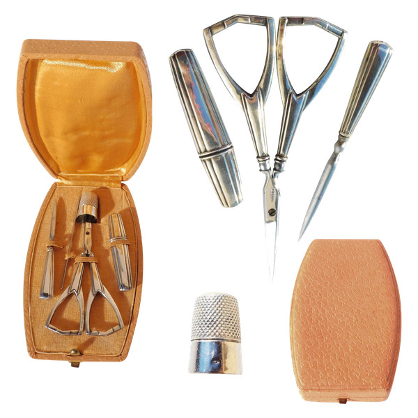 Art Deco Silver Sewing Set Early 20th Century Scissors Needle Case
