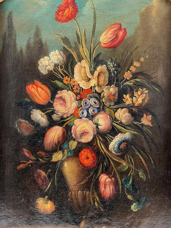 Stillleben mit einem Blumenstrauß. Italienische Schule des 20. Jahrhunderts im Geschmack des 17. Jahrhunderts, Öl auf Leinwand.