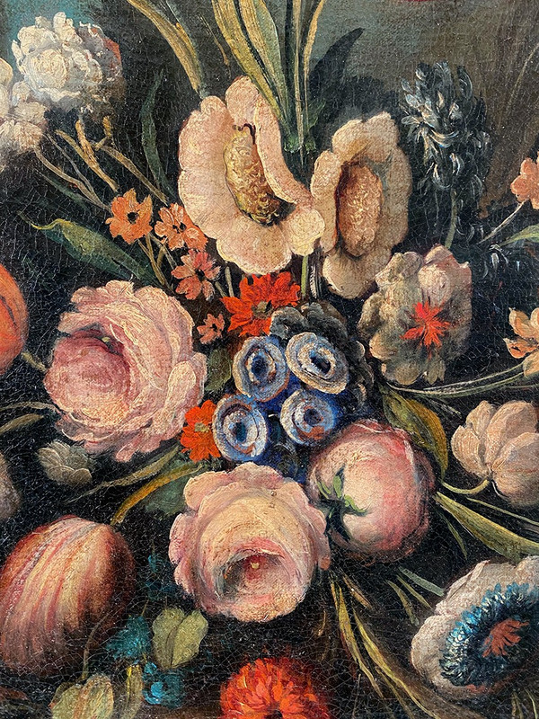 Stillleben mit einem Blumenstrauß. Italienische Schule des 20. Jahrhunderts im Geschmack des 17. Jahrhunderts, Öl auf Leinwand.