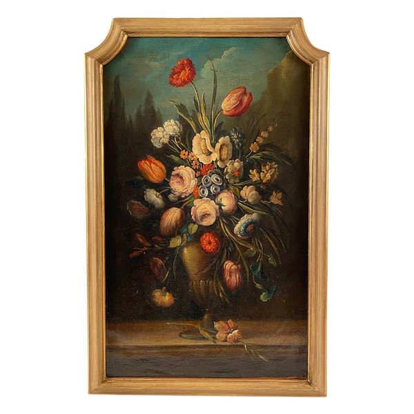 Stillleben mit einem Blumenstrauß. Italienische Schule des 20. Jahrhunderts im Geschmack des 17. Jahrhunderts, Öl auf Leinwand.