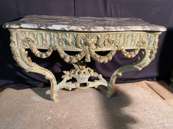 Console di transizione Luigi XV del XVIII secolo con marmo originale