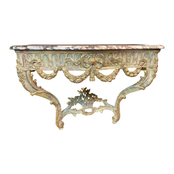 Console di transizione Luigi XV del XVIII secolo con marmo originale