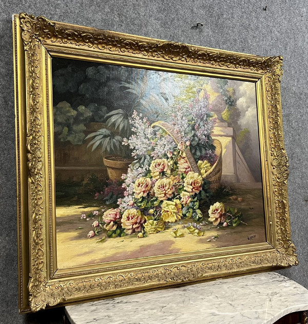 Louis LARTIGAU - Scuola francese della fine del XIX secolo: Cesto di fiori in un parco
