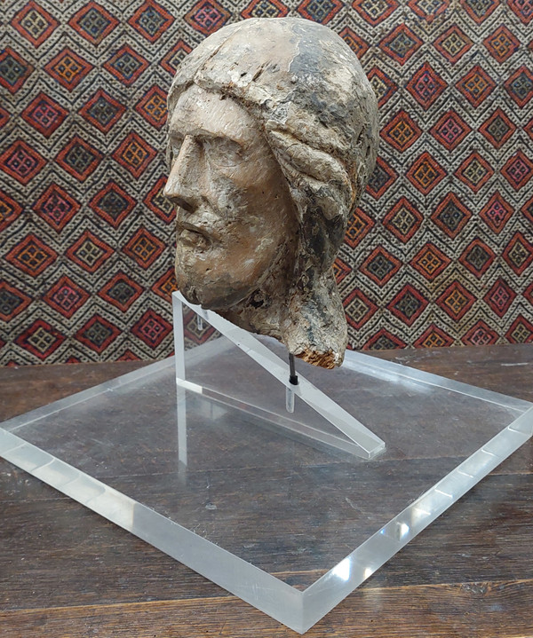 Tête De Christ XIIIe Siècle Bois Avec Reste De Polychromie