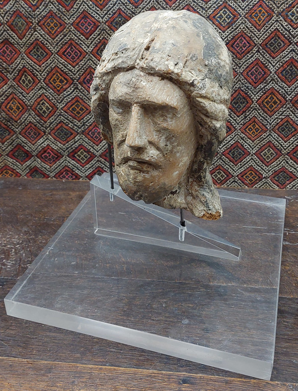 Tête De Christ XIIIe Siècle Bois Avec Reste De Polychromie