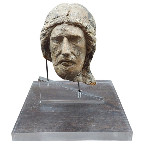 Tête De Christ XIIIe Siècle Bois Avec Reste De Polychromie